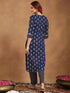 Janasya Women's Dark Blue Pure Cotton Floral Printed Straight Kurta Pant Set